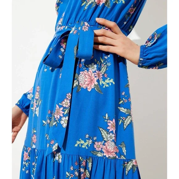 Loft Floral Tiered Maxi Dress Blue Long Balloon Sleeve Belted Full Length Size 2 - Picture 10 of 12